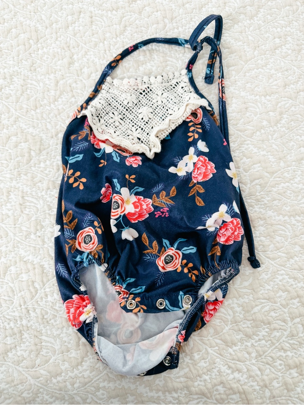 Navy Floral Baby One-Piece Bodysuit with Crochet Yoke - Baileys Blossom Boutique